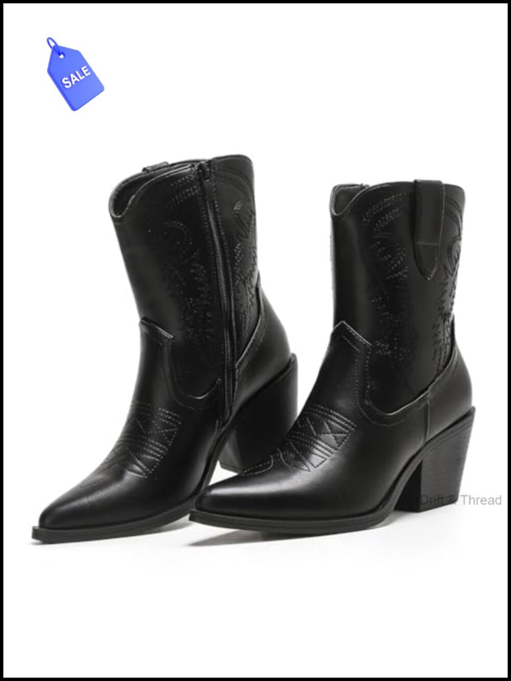 Women's Cowboy Ankle Boots Embroidered Pointed Toe Faux Leather Block Heel